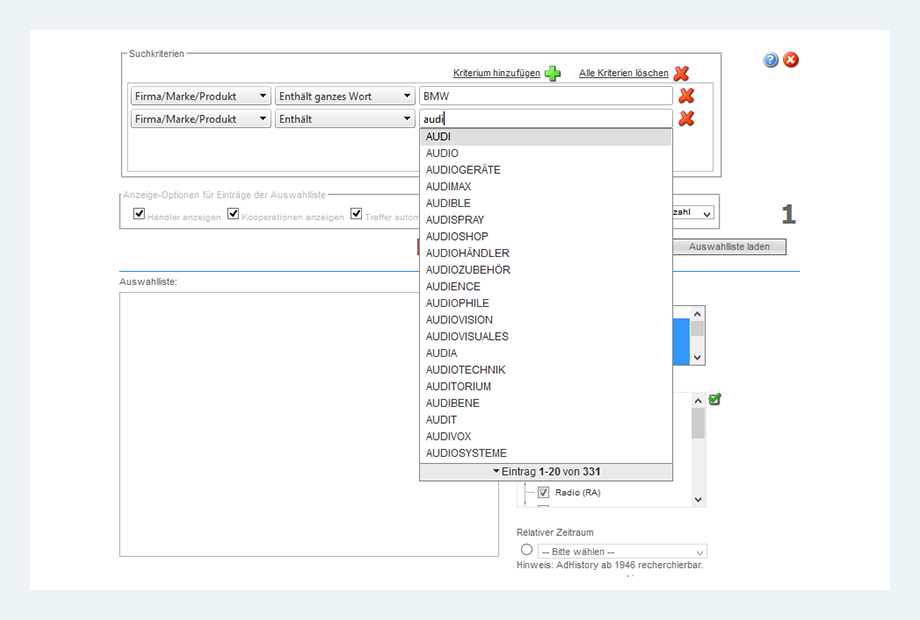 Hierarchically structured search function of the AdZyklopaedie creative database from AdVision digital