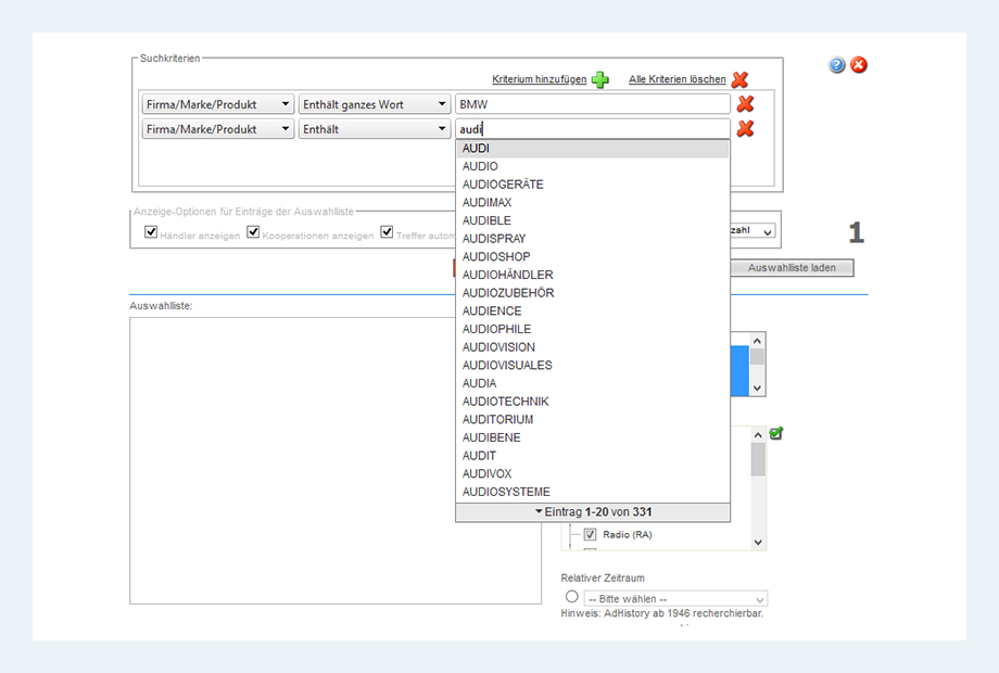 Funzione di ricerca strutturata gerarchicamente del database creativo AdZyklopaedie di AdVision digital