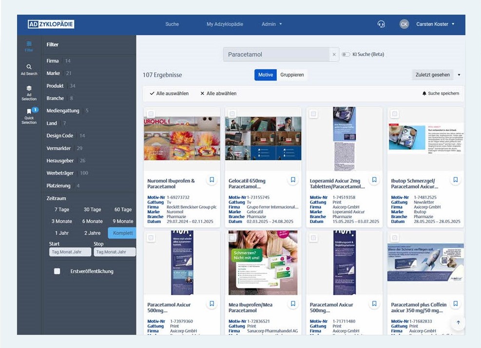 Hierarchisch strukturierte Suchfunktion der Kreativdatenbank AdZyklopaedie von AdVision digital